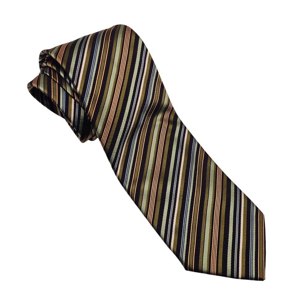 Brioni Silk Cotton Tie Green Navy Striped Handmade Italy Designer Luxury Formal